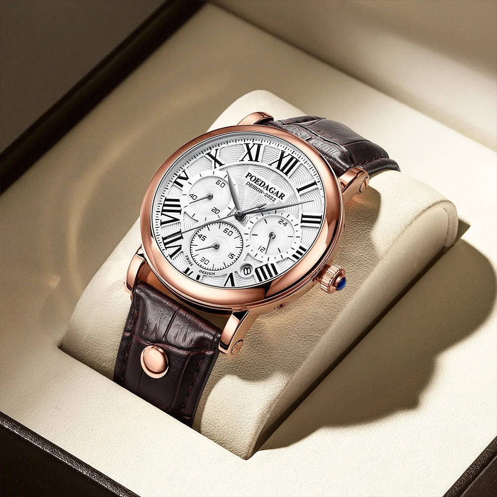POEDAGAR Top Luxury Watches For Men Chronograph Date Man Quartz Watch Waterproof Leather Fashion Business Men's Wristwatch Reloj