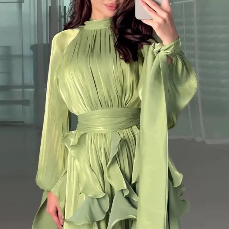 Women's Party Dresses Fashion High Waist Pleat Lady Casual High Collar Layered Banquet Dress Elegant Long Sleeve Evening Dress