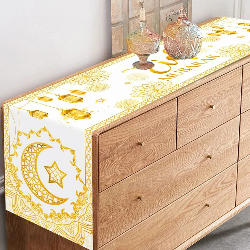 Ramadan Mubarak Star Moon Linen Table Runner Party Decor Reusable Eid Mubarak  Kitchen Dining Table Runner Ramadan Decorations