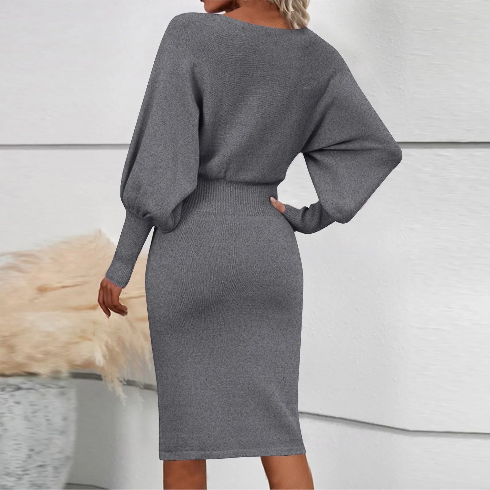 Women Dress Solid Color Knitted Dresses Woolen Round Neck Long Sleeved Waist Cinching Slimming Hip Hugging Midi Dress ropa mujer