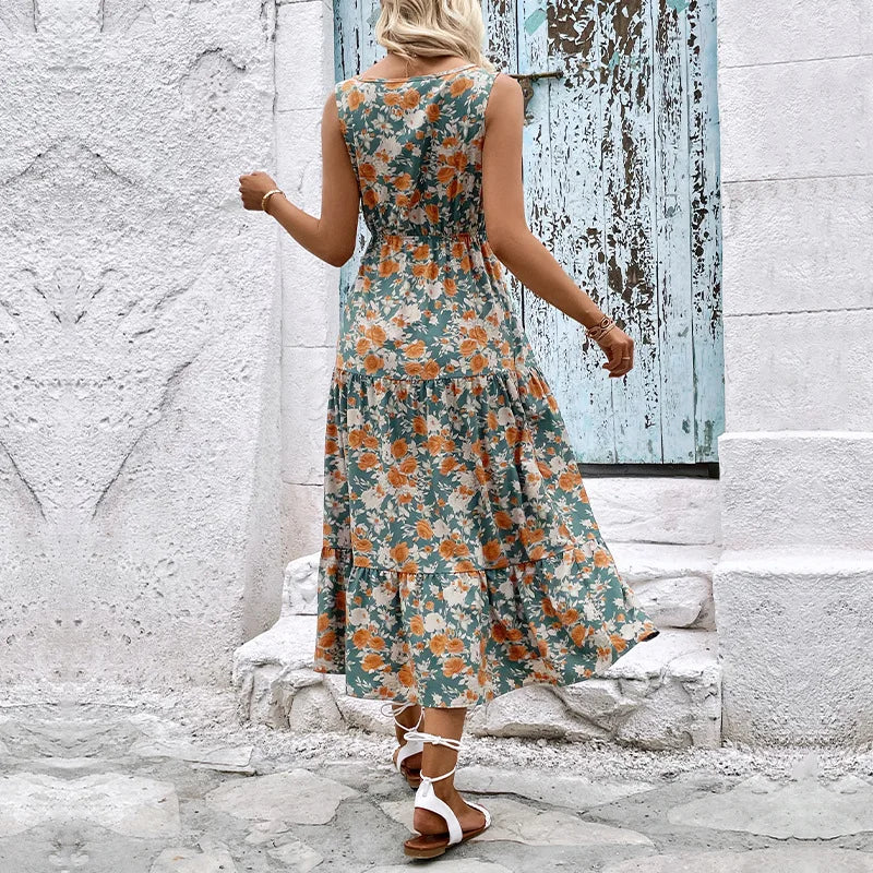 Elegant Floral Print Dress For Women Fashion  Bohemian Style Sleeveless Button Vestidos Female Casual V-neck A-line Dresses