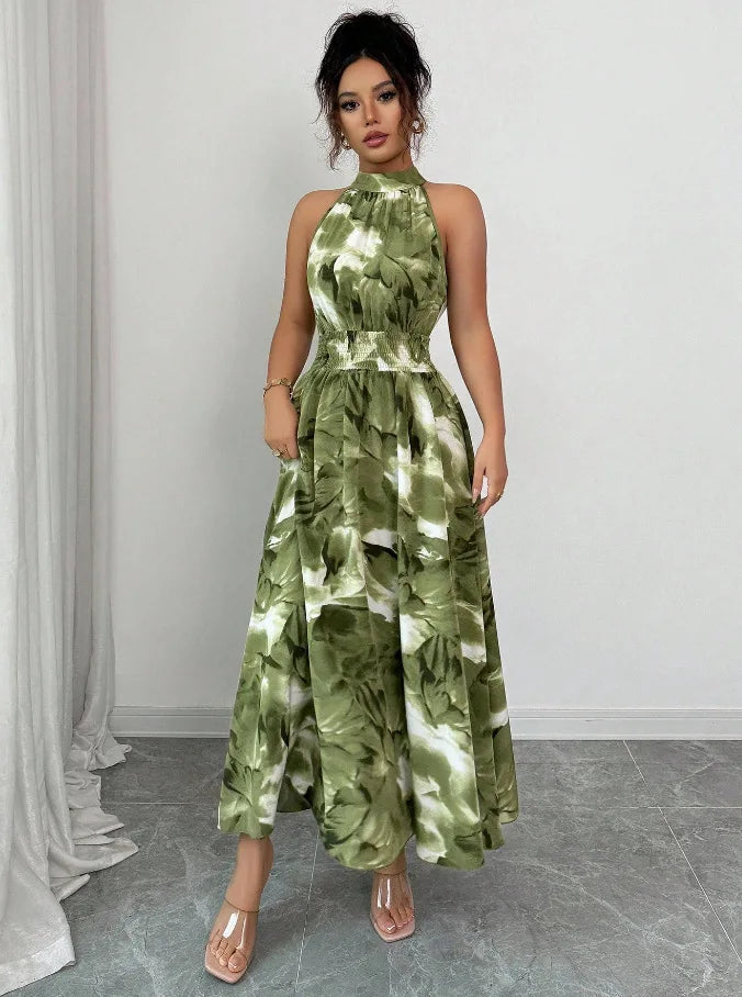Women's Dress Fashion Print Spring Summer New Elegant Holiday Beach Dress Stand Collar Midi Sleeveless Dresses For Women Vestido