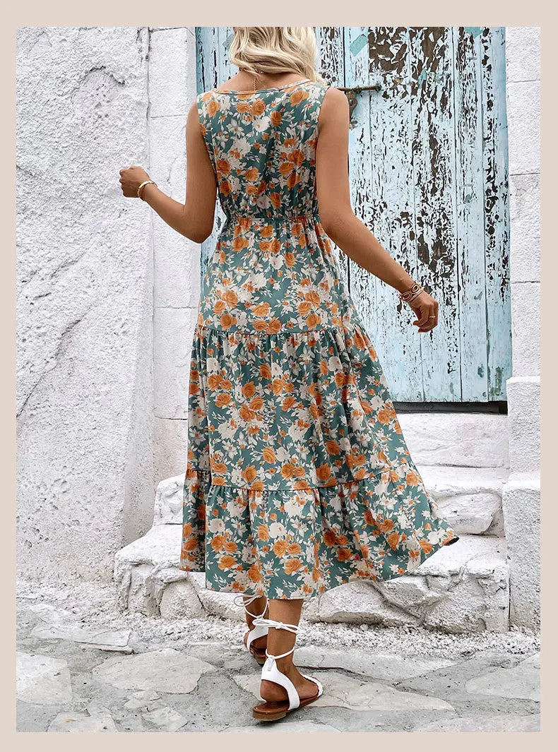 Elegant Floral Print Dress For Women Fashion  Bohemian Style Sleeveless Button Vestidos Female Casual V-neck A-line Dresses
