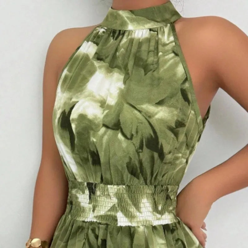 Women's Dress Fashion Print Spring Summer New Elegant Holiday Beach Dress Stand Collar Midi Sleeveless Dresses For Women Vestido