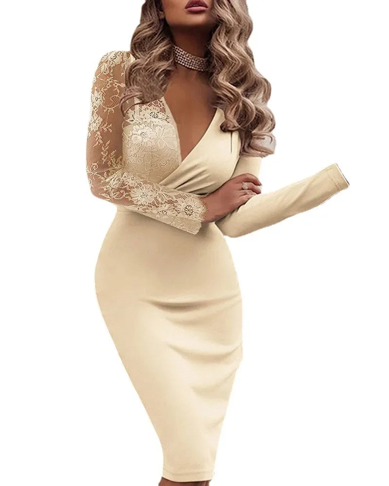 Evening Dresses for Women Spring Autumn Elegant Sexy Bodycon Dress Deep V-neck Long Sleeve Lace Formal Party Prom Gowns Vestidos
