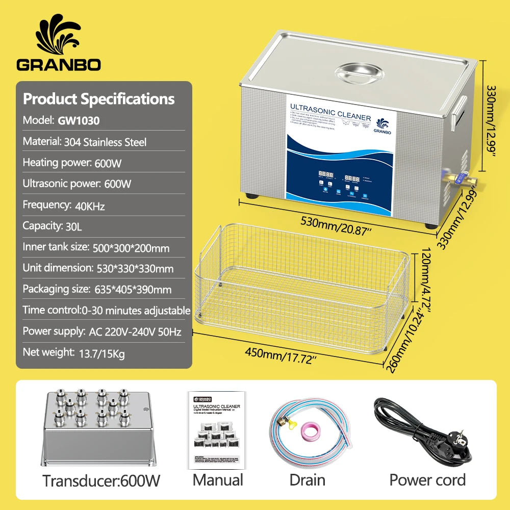 Granbosonic 30L Ultrasonic Cleaner 600W-900W 40KHz Cleanig Machine Digital Heater Degas Semiwave for Car Engine Soft Steak Lab