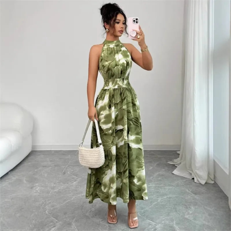Women's Dress Fashion Print Spring Summer New Elegant Holiday Beach Dress Stand Collar Midi Sleeveless Dresses For Women Vestido