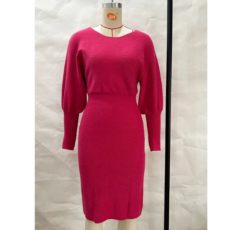 Women Dress Solid Color Knitted Dresses Woolen Round Neck Long Sleeved Waist Cinching Slimming Hip Hugging Midi Dress ropa mujer