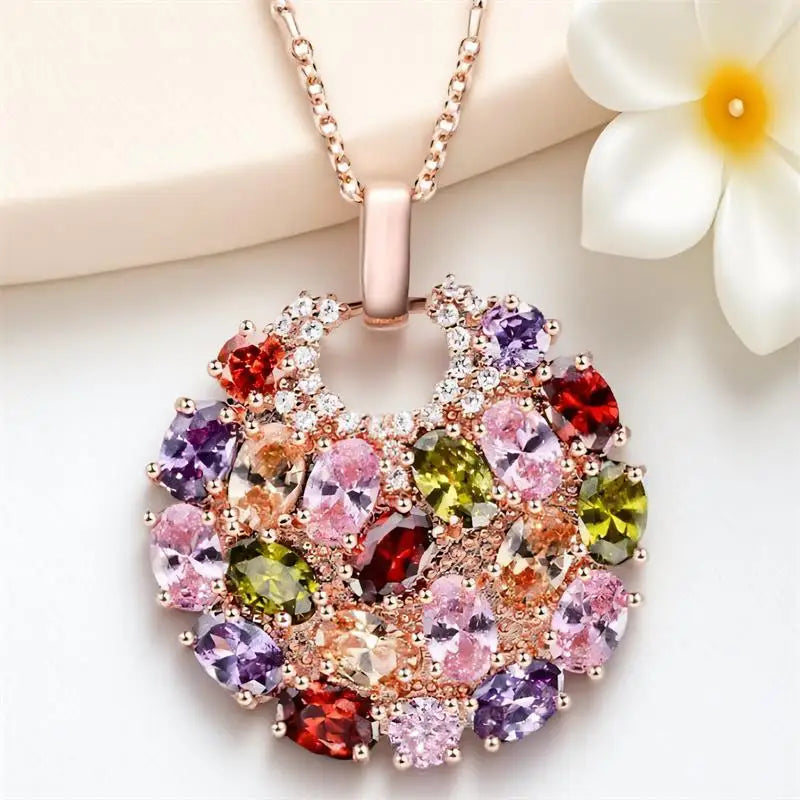 Big Flower Multicolor Crystal Oval Stone Pendant Necklaces For Women Vintage Rose Gold Color Chain Jewelry Valentine's Day Gifts