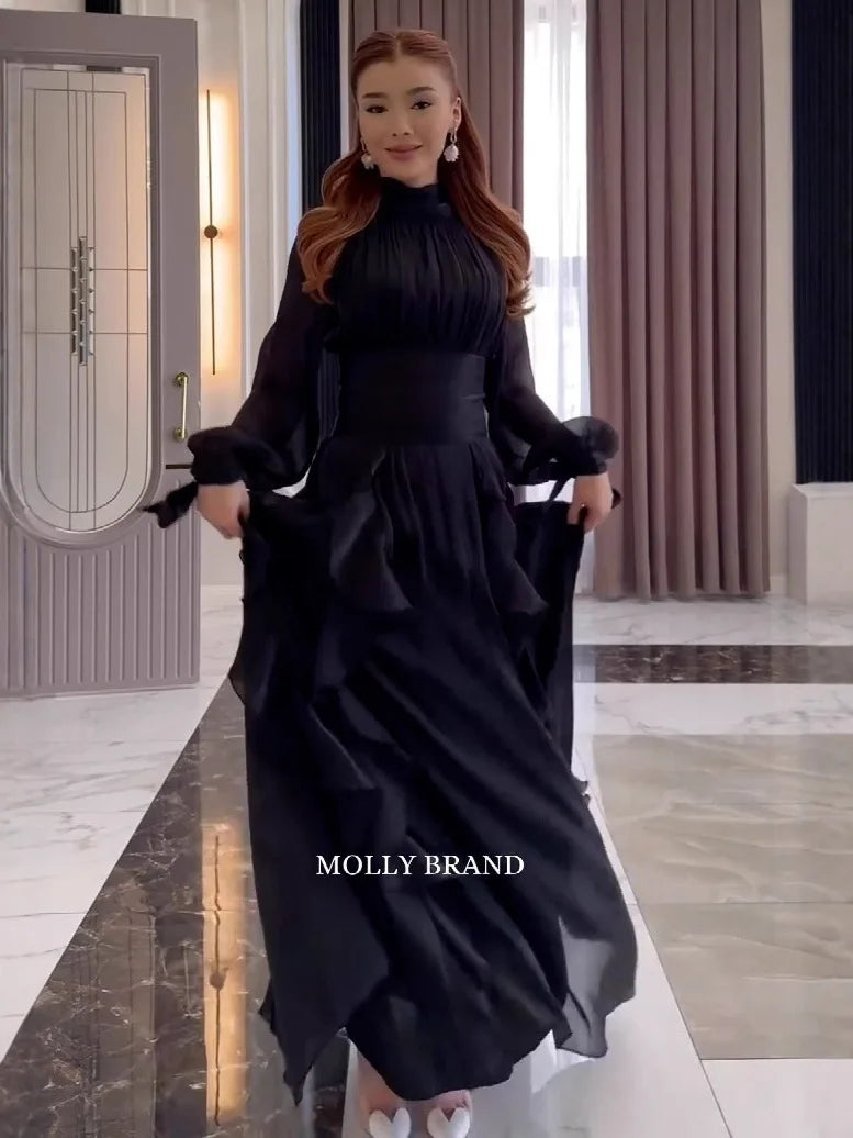 Women's Party Dresses Fashion High Waist Pleat Lady Casual High Collar Layered Banquet Dress Elegant Long Sleeve Evening Dress