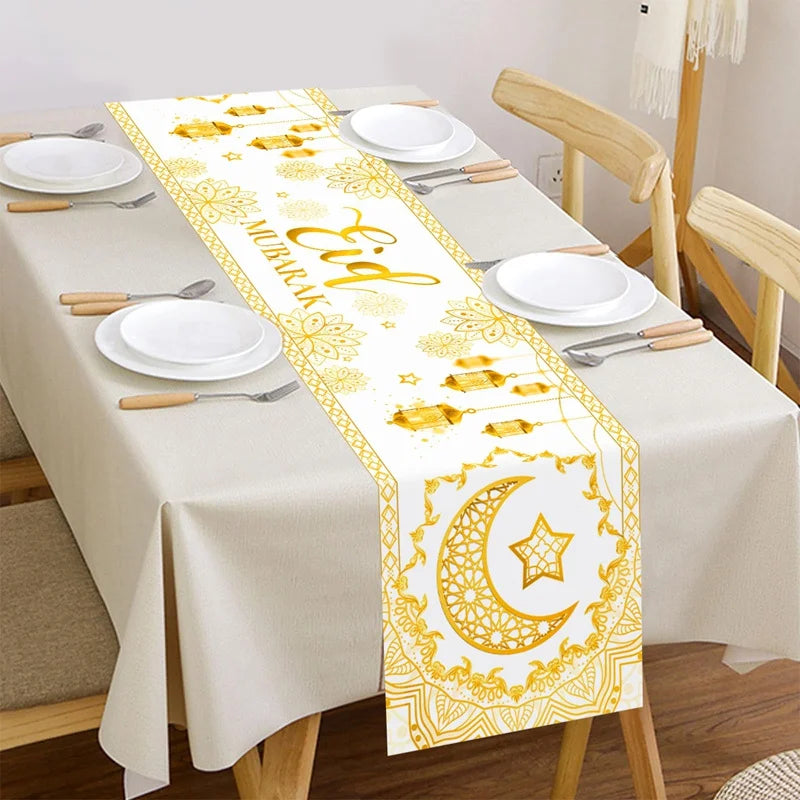 Ramadan Mubarak Star Moon Linen Table Runner Party Decor Reusable Eid Mubarak  Kitchen Dining Table Runner Ramadan Decorations