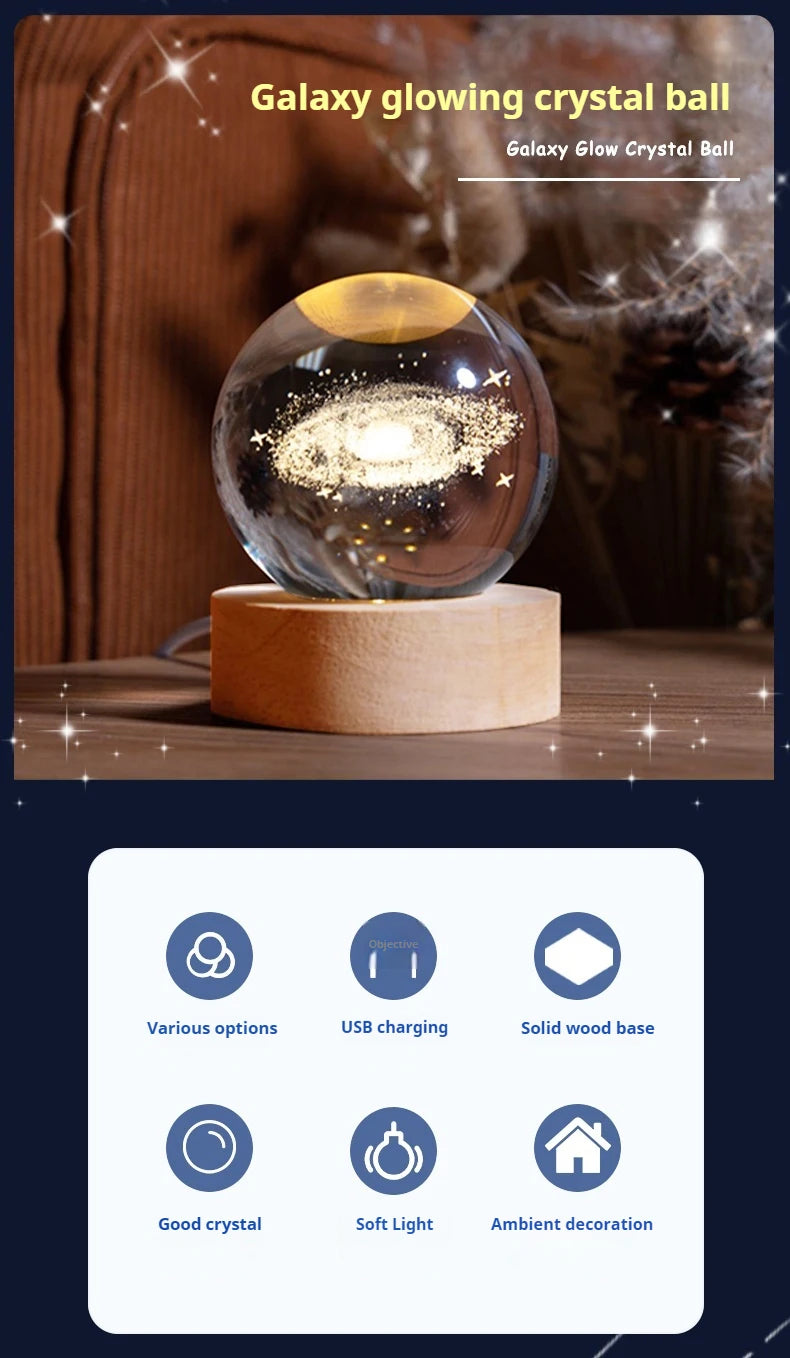 6cm 3D Crystal Ball Decoration 2024 Astronomy Solar System Planets Moon Astronaut LED Balls Home Snow Glass Globe Decorations