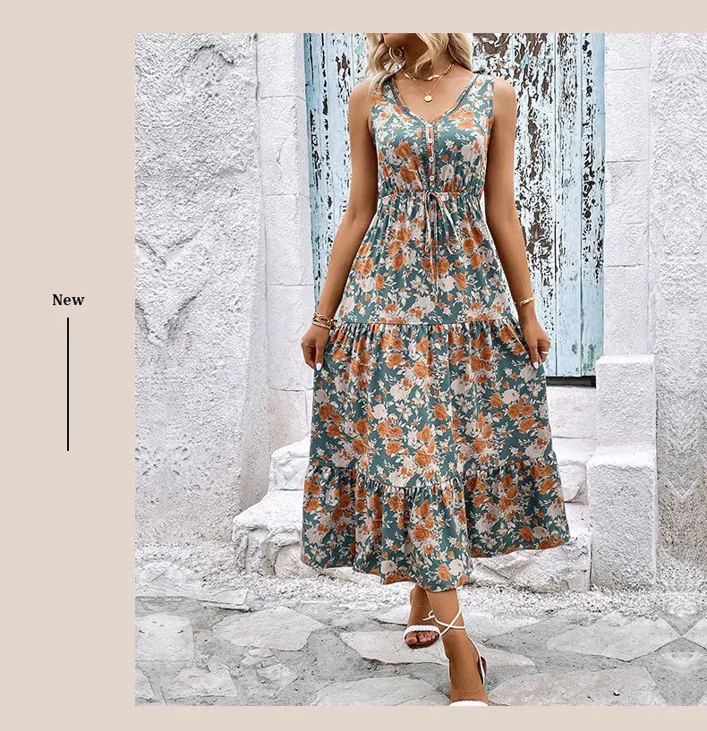 Elegant Floral Print Dress For Women Fashion  Bohemian Style Sleeveless Button Vestidos Female Casual V-neck A-line Dresses