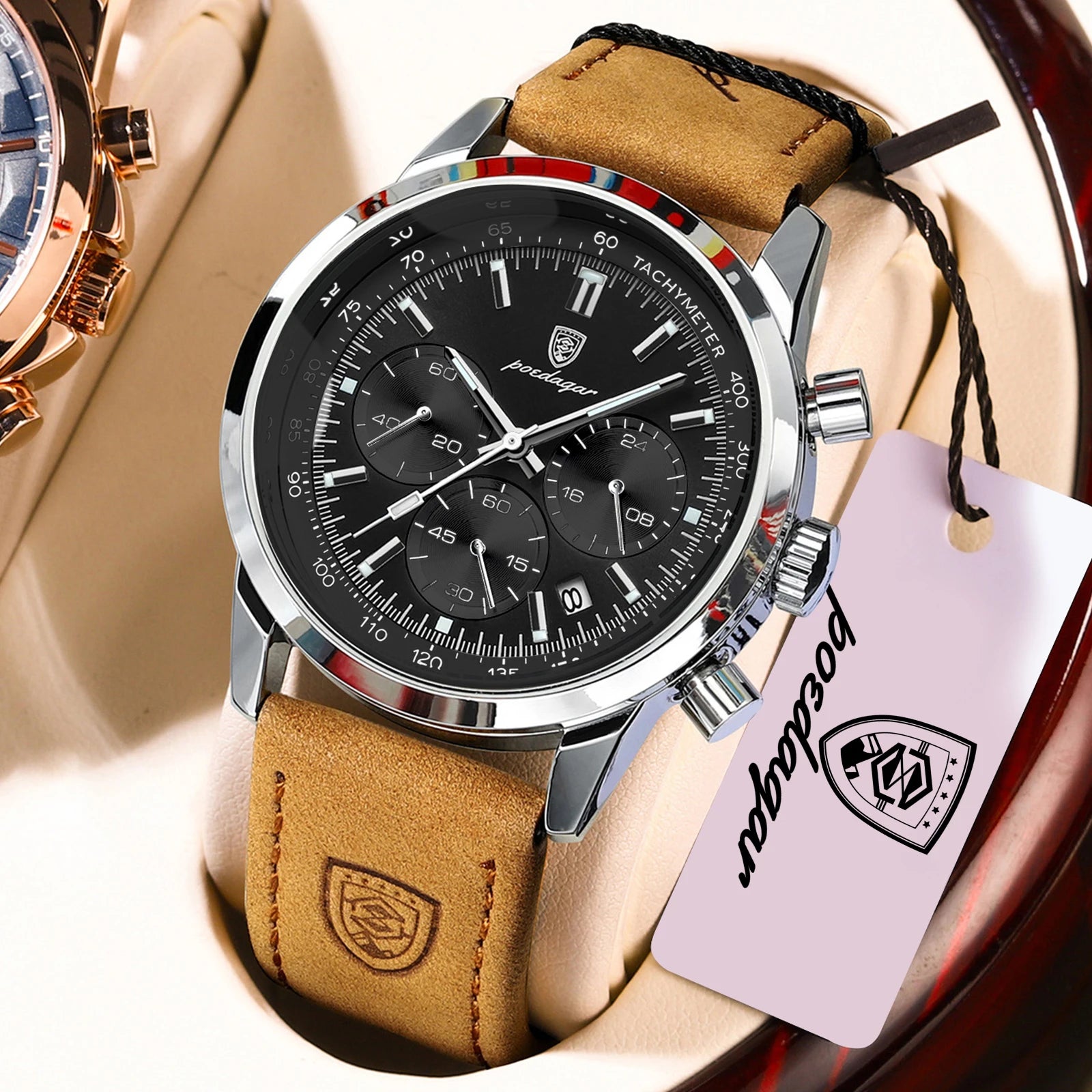 POEDAGAR Top Brand Men's Quartz Watch Waterproof Luminous Chronograph Military Man Watch Luxury Fashion Leather Watches For Men