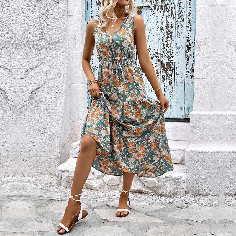 Elegant Floral Print Dress For Women Fashion  Bohemian Style Sleeveless Button Vestidos Female Casual V-neck A-line Dresses