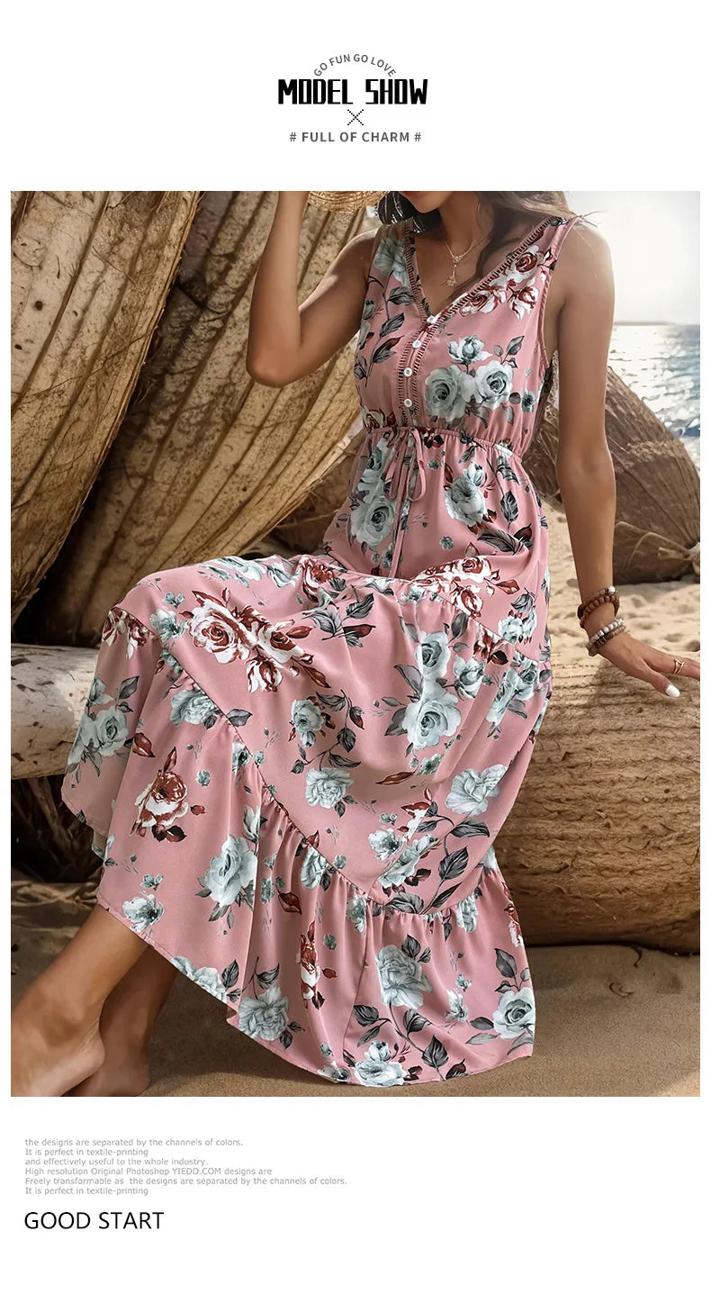 Elegant Floral Print Dress For Women Fashion  Bohemian Style Sleeveless Button Vestidos Female Casual V-neck A-line Dresses