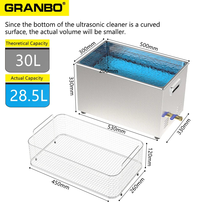 Granbosonic 30L Ultrasonic Cleaner 600W-900W 40KHz Cleanig Machine Digital Heater Degas Semiwave for Car Engine Soft Steak Lab