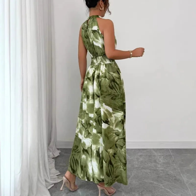 Women's Dress Fashion Print Spring Summer New Elegant Holiday Beach Dress Stand Collar Midi Sleeveless Dresses For Women Vestido