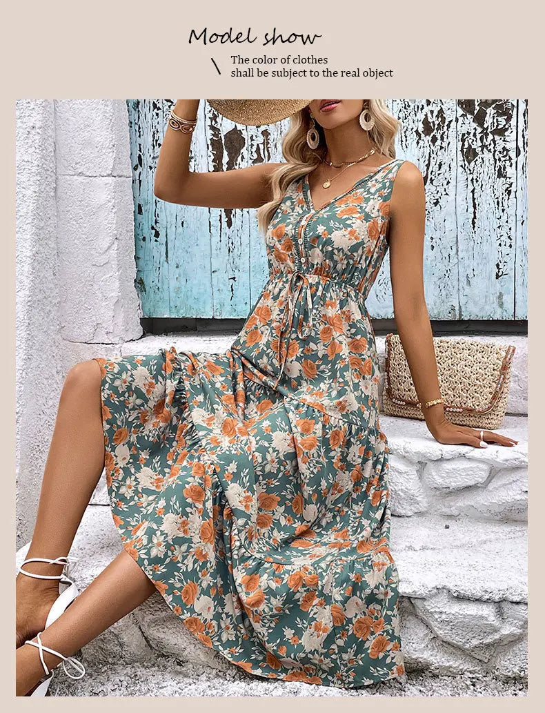 Elegant Floral Print Dress For Women Fashion  Bohemian Style Sleeveless Button Vestidos Female Casual V-neck A-line Dresses