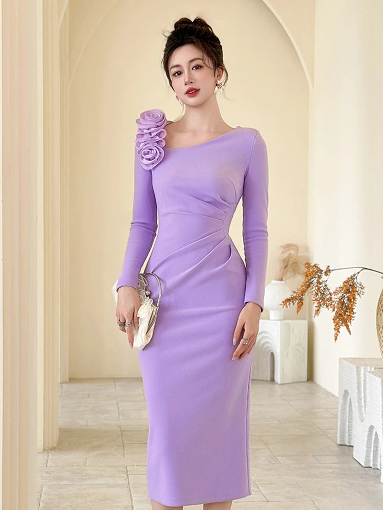 Banquet Dress for Women Elegant Sweet 3D Flower Bodycon Midi Robe Female Party Prom Vestidos Evening Gown Lady