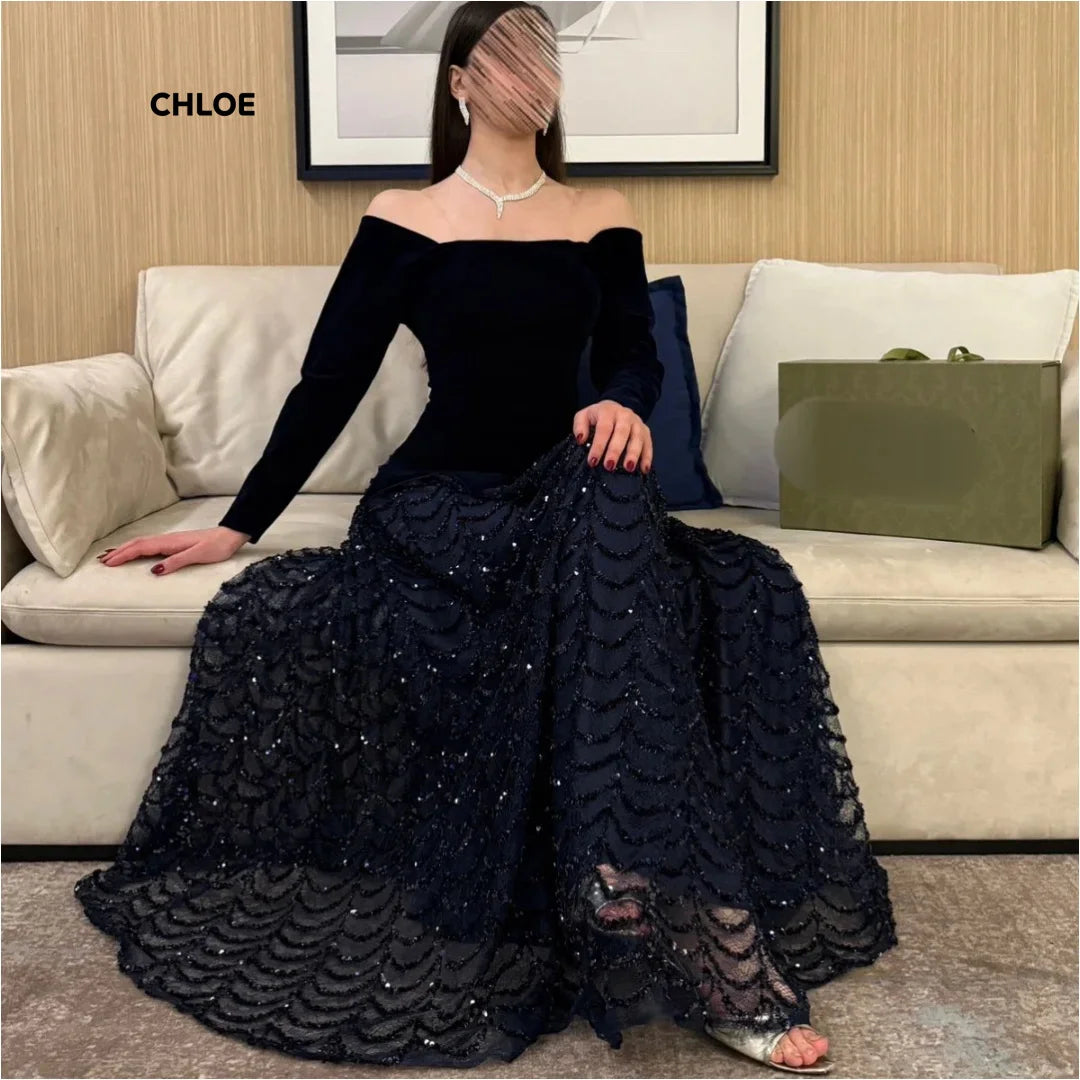Black Women's Evening Dress for Elegant Party Customized Formal Occasion Dresses for Special Occasions Line A Long Sleeves Shiny