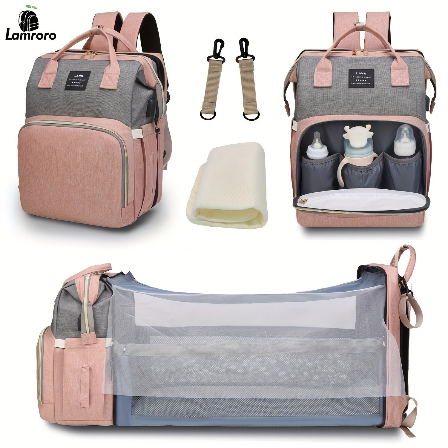 Lamroro Moire Diaper Bag Backpack, Soft Shell, Multifunctional, Large Capacity, Travel Backpack with Changing Station, Sunshade, Breathable Mosquito Net, Zipper Closure, Mixed Color, Polyester Fiber, with Utility Pocket, for