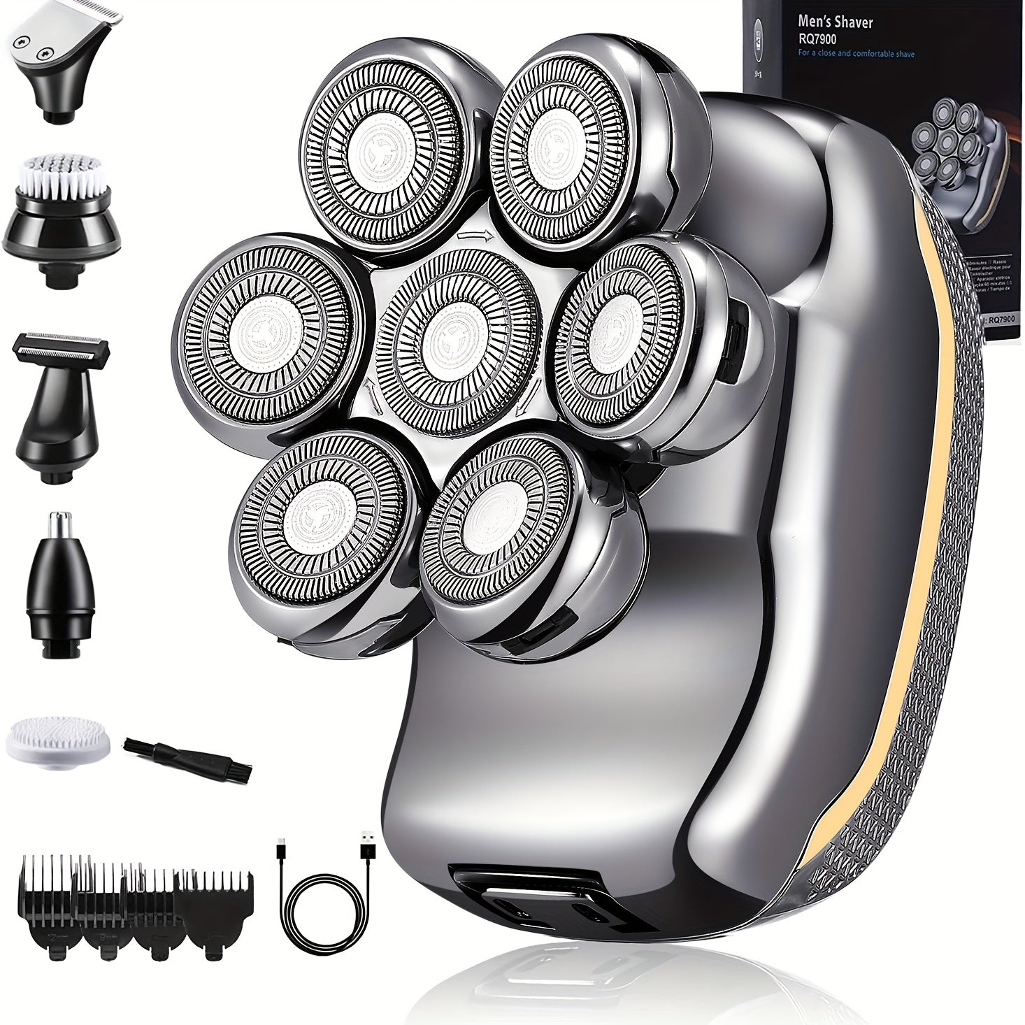 Men's Electronic Head Shaver Razor - Rechargeable Cordless Hair Shaving Razors For Bald Man 6 In 1 Wet Dry Beard Trimmer Body Hair Cutting Clipper Grooming Kit 7 Rotary Heads